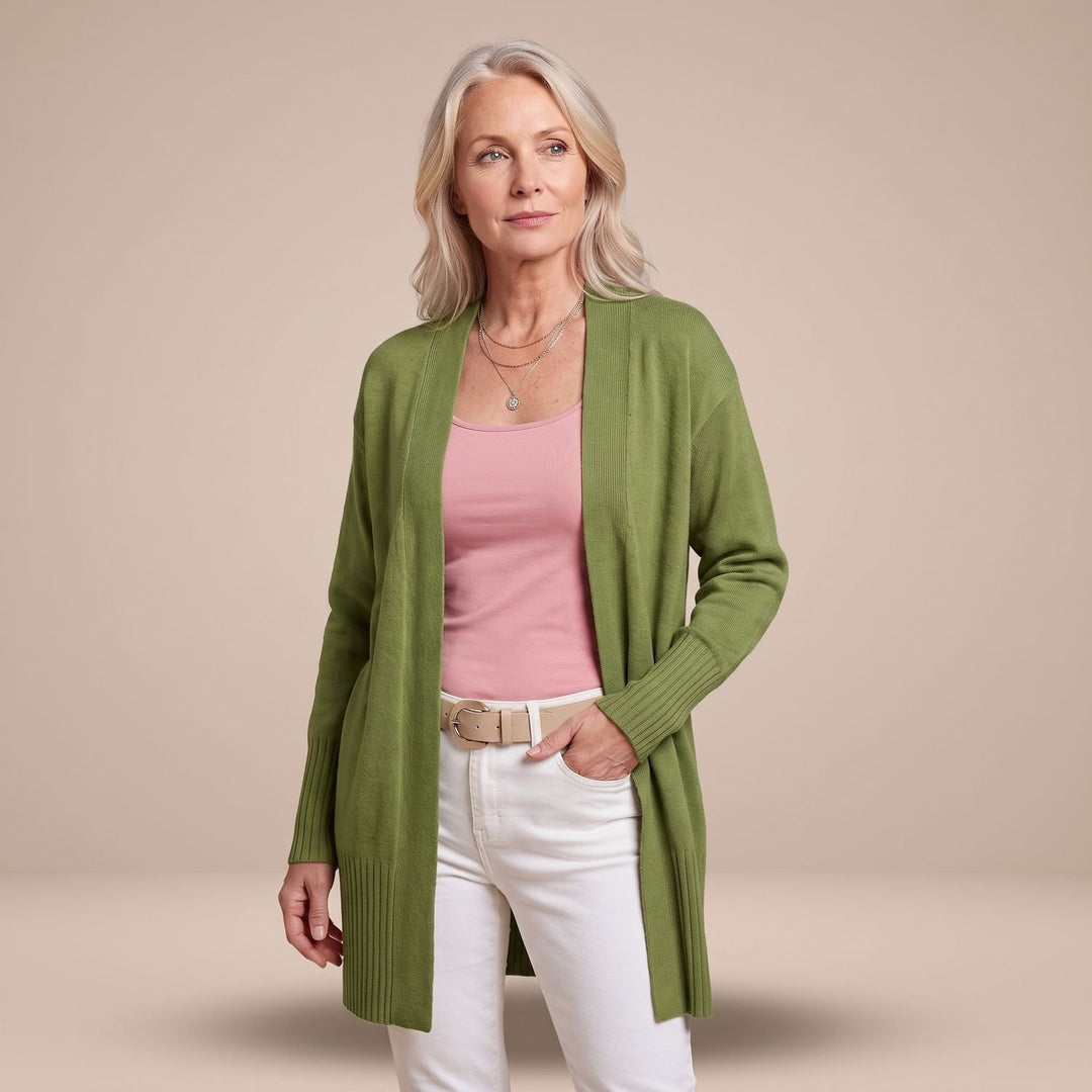 Damen Longcardigan Offene Strickjacke mit V-Ausschnitt Langen Ärmeln - Grün