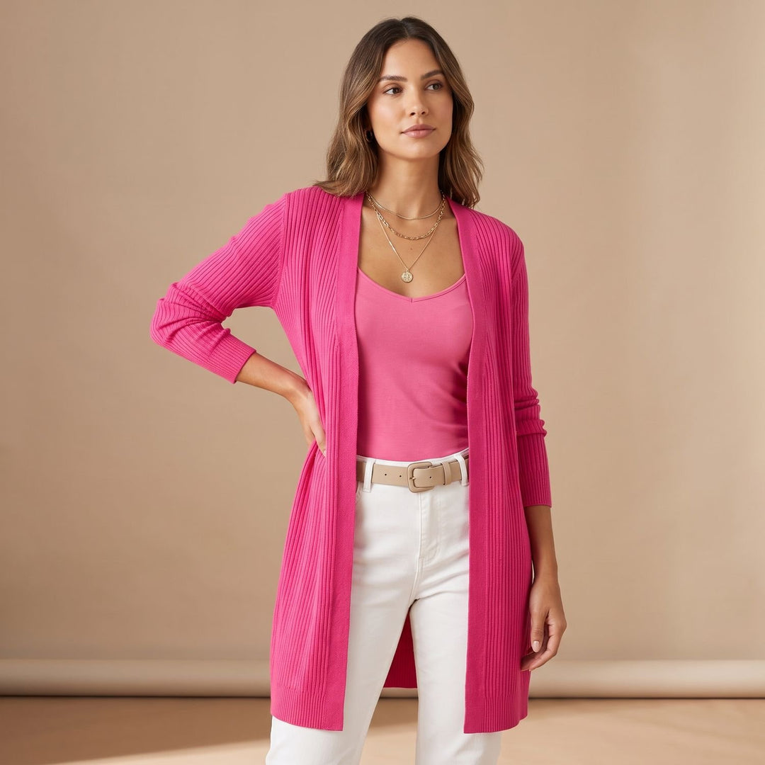 Damen Longcardigan Offene Strickjacke mit V-Ausschnitt Langen Ärmeln - Dunkelrosa