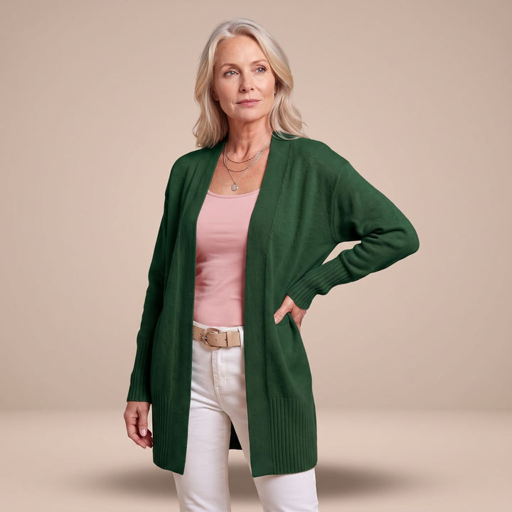 Damen Longcardigan Offene Strickjacke mit V-Ausschnitt Langen Ärmeln - Dunkelgrün
