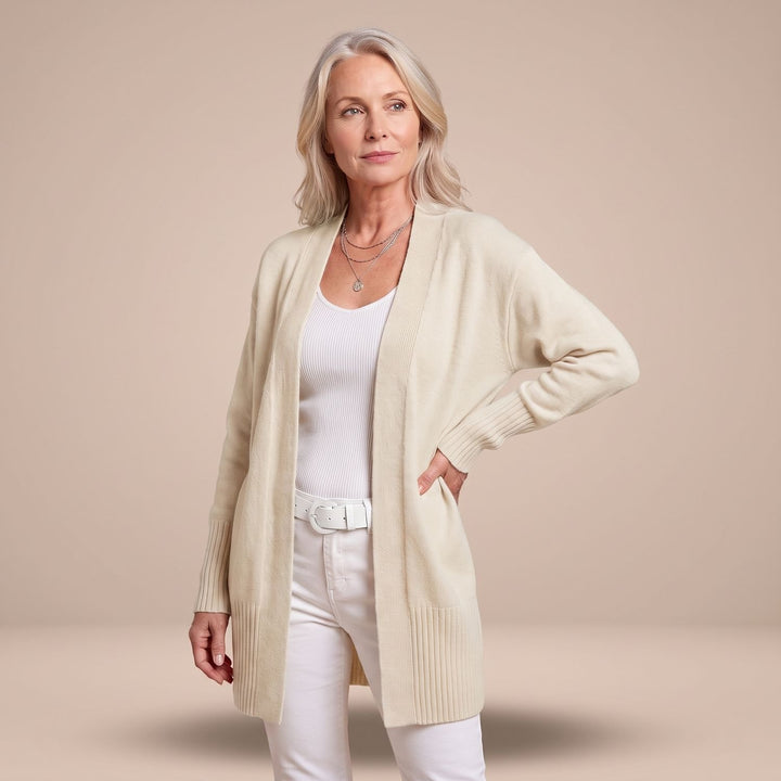 Damen Longcardigan Offene Strickjacke mit V-Ausschnitt Langen Ärmeln - Hellkhaki