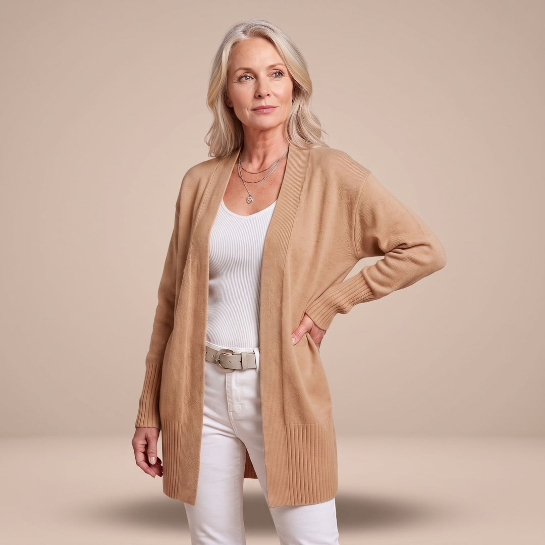 Damen Longcardigan Offene Strickjacke mit V-Ausschnitt Langen Ärmeln - Khaki