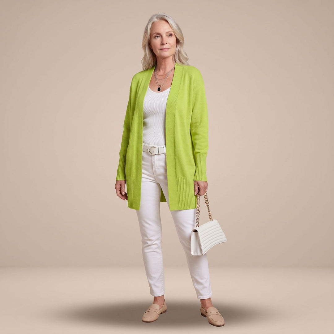 Damen Longcardigan Offene Strickjacke mit V-Ausschnitt Langen Ärmeln - Hellgrün