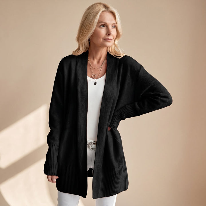 Damen Longcardigan Offene Strickjacke mit V-Ausschnitt Langen Ärmeln - Schwarz