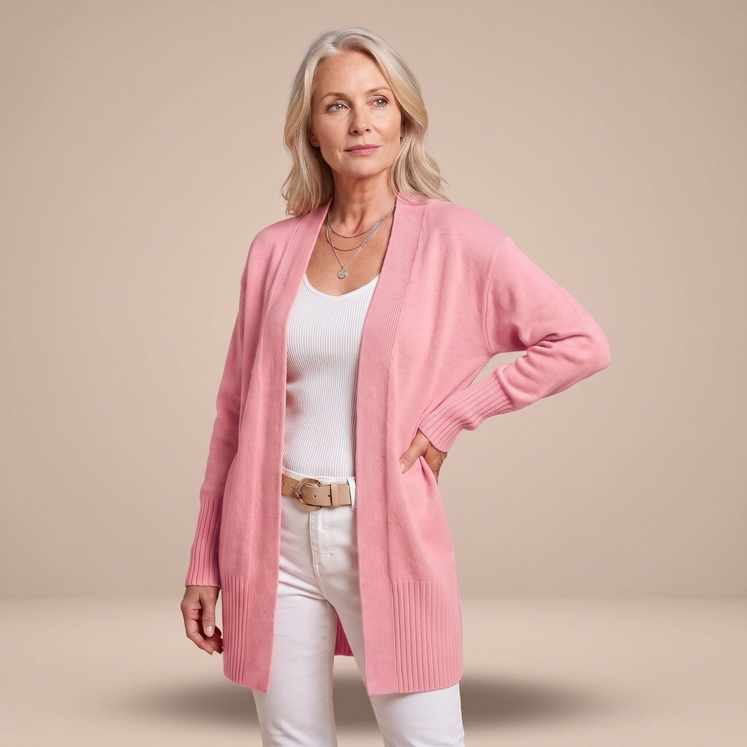 Damen Longcardigan Offene Strickjacke mit V-Ausschnitt Langen Ärmeln - Rosa
