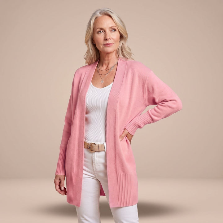 Damen Longcardigan Offene Strickjacke mit V-Ausschnitt Langen Ärmeln - Rosa