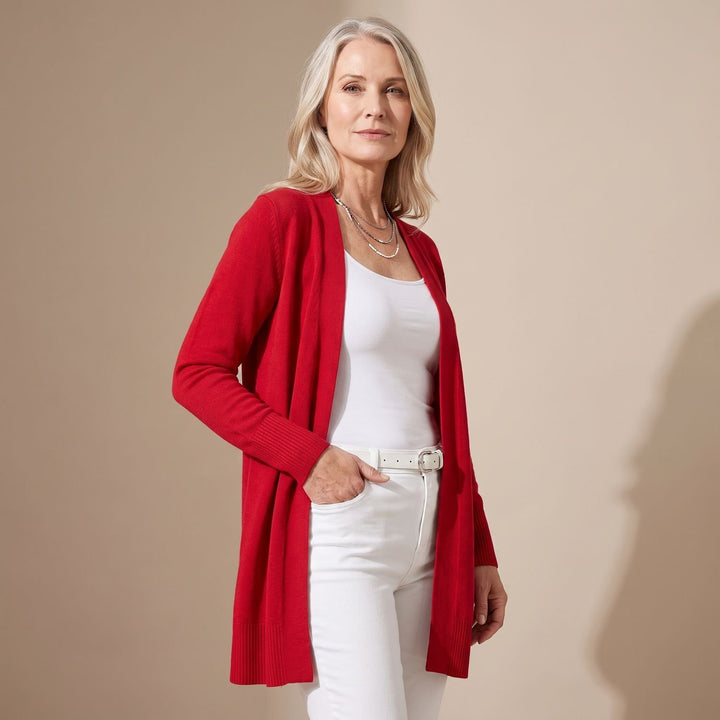 Damen Longcardigan Offene Strickjacke mit V-Ausschnitt Langen Ärmeln - Rot
