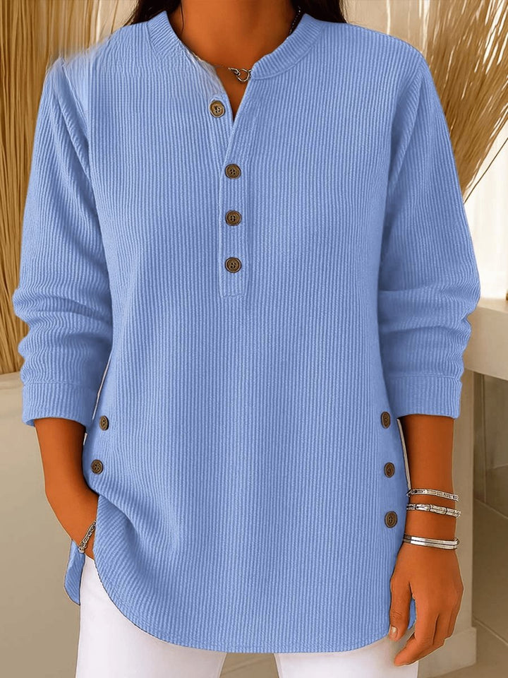 Damen Longline Gerippte Henley-Tunika Seitenknopf-Detail - Blue