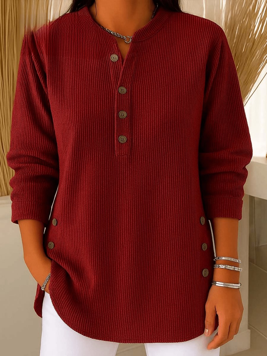 Damen Longline Gerippte Henley-Tunika Seitenknopf-Detail - Burgundy