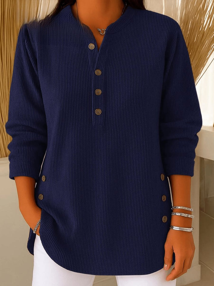 Damen Longline Gerippte Henley-Tunika Seitenknopf-Detail - Navy Blue