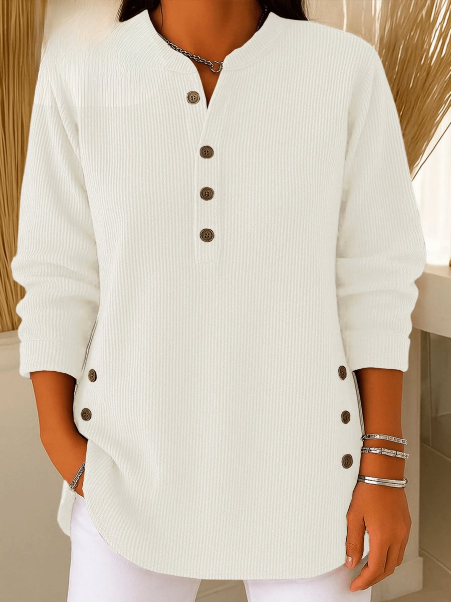 Damen Longline Gerippte Henley-Tunika Seitenknopf-Detail - White