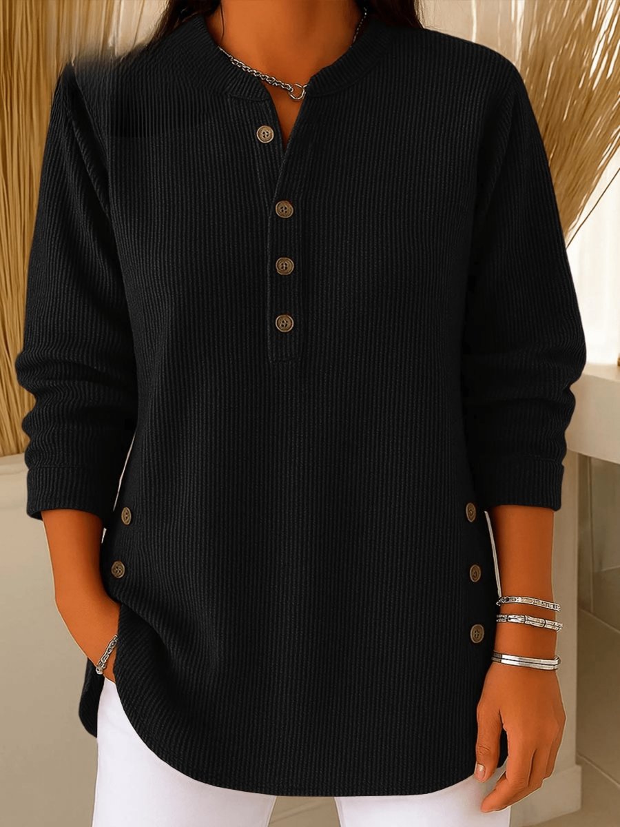 Damen Longline Gerippte Henley-Tunika Seitenknopf-Detail - Black