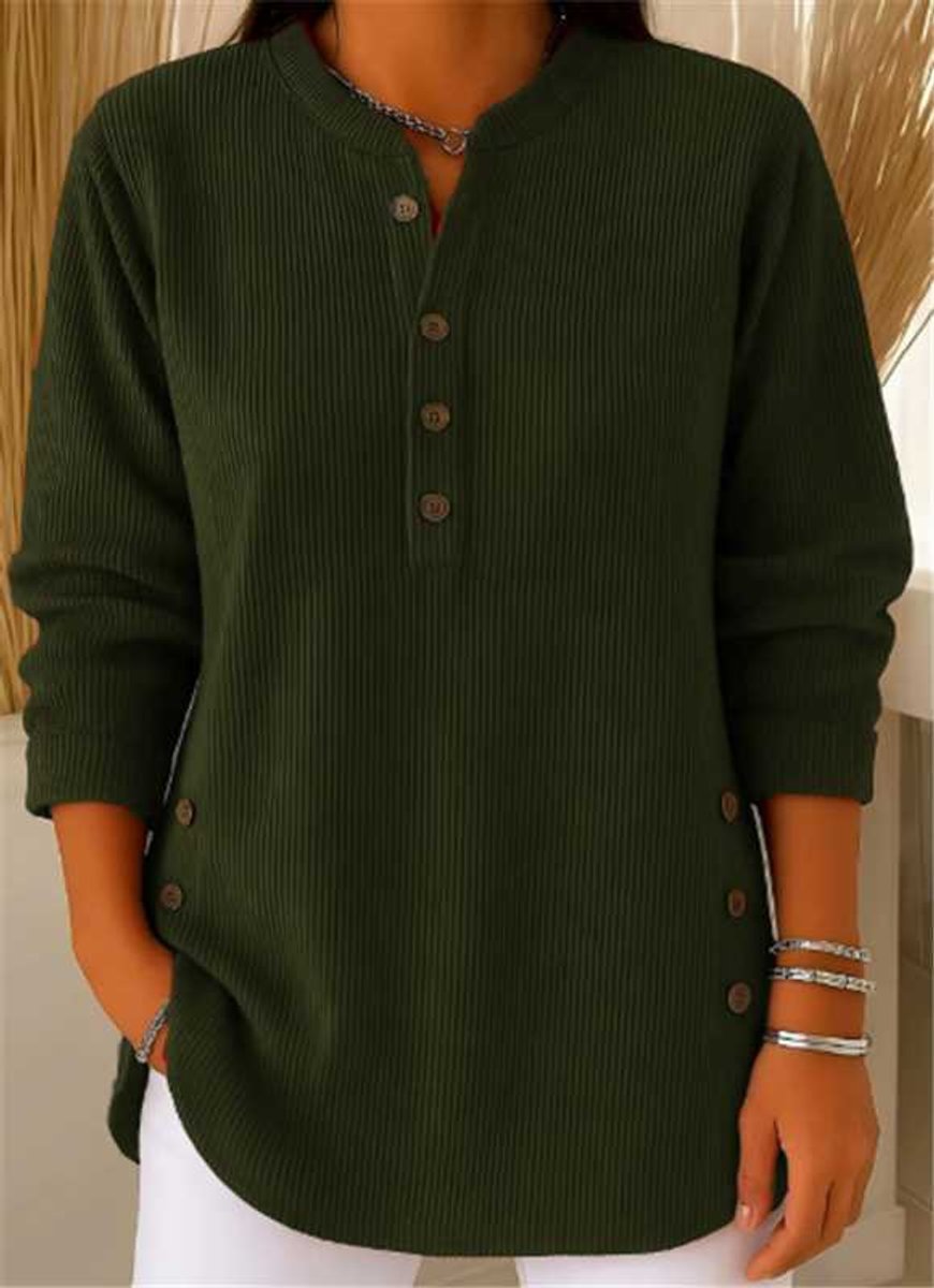 Damen Longline Gerippte Henley-Tunika Seitenknopf-Detail - Dark Green