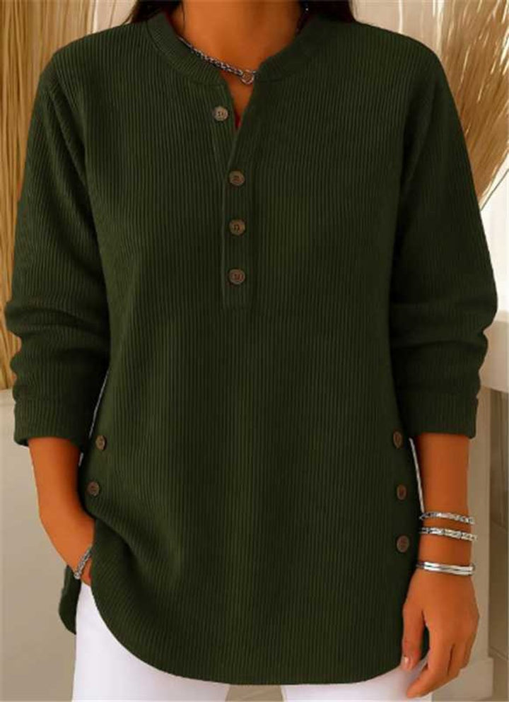 Damen Longline Gerippte Henley-Tunika Seitenknopf-Detail - Dark Green