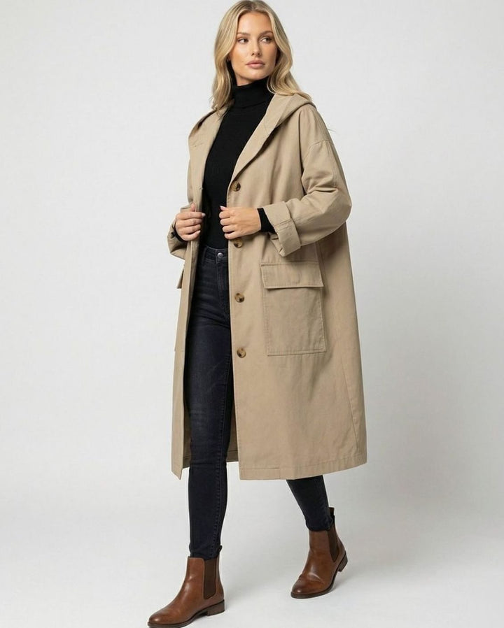 Damen Longline Mantel mit Kapuze wasserabweisend Knopfleiste - Beige