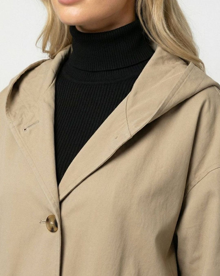 Damen Longline Mantel mit Kapuze wasserabweisend Knopfleiste