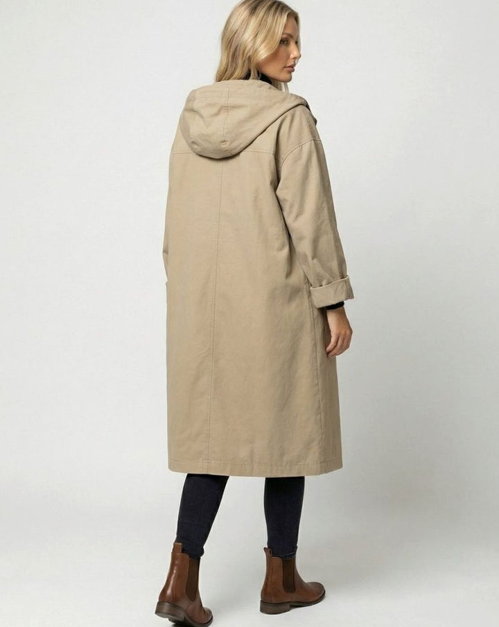 Damen Longline Mantel mit Kapuze wasserabweisend Knopfleiste