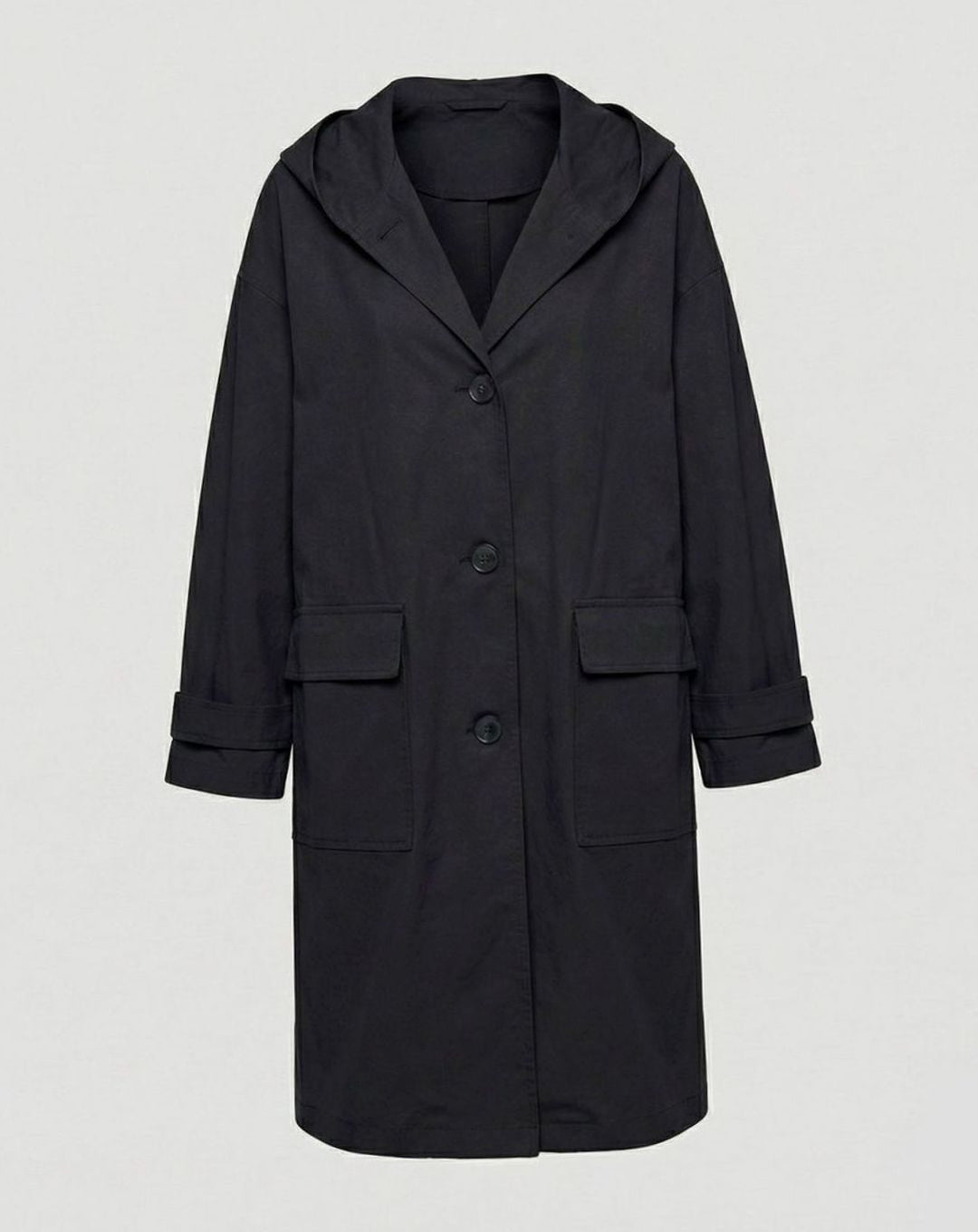 Damen Longline Mantel mit Kapuze wasserabweisend Knopfleiste - Schwarz