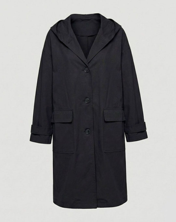 Damen Longline Mantel mit Kapuze wasserabweisend Knopfleiste - Schwarz