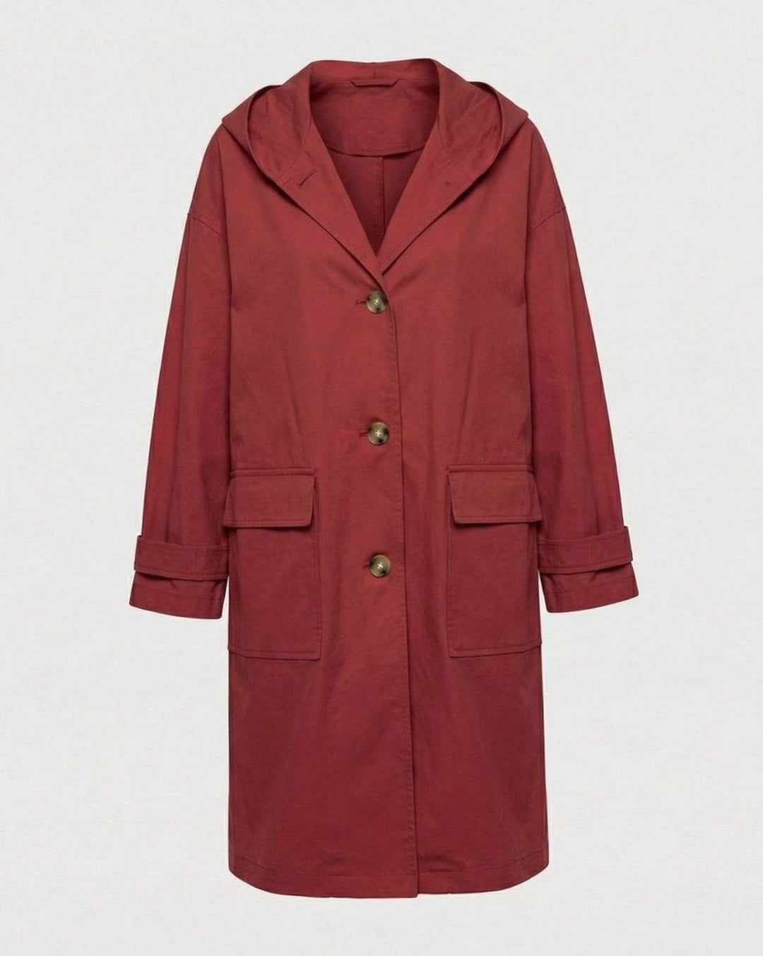 Damen Longline Mantel mit Kapuze wasserabweisend Knopfleiste - Rot