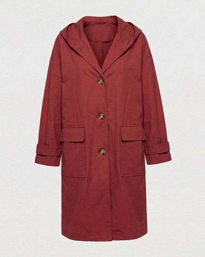 Damen Longline Mantel mit Kapuze wasserabweisend Knopfleiste - Rot