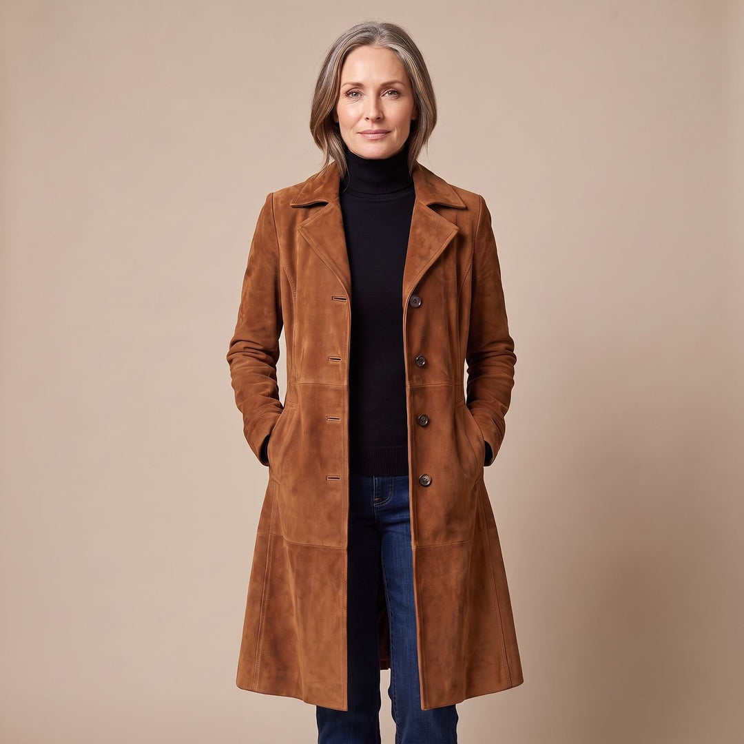 Damen Longline Mantel mit Vintage-Veloursleder-Finish - Braun