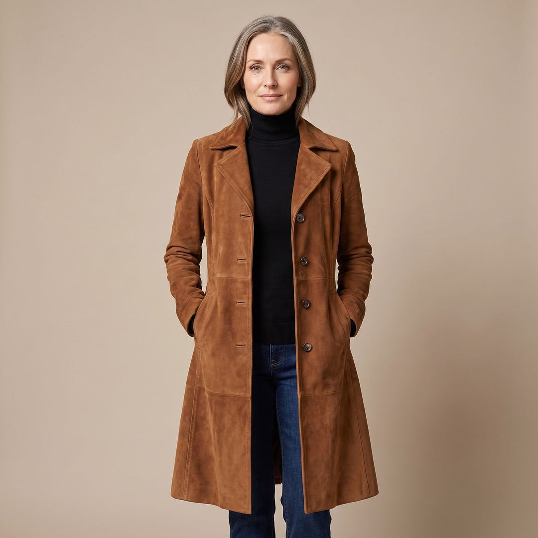 Damen Longline Mantel mit Vintage-Veloursleder-Finish