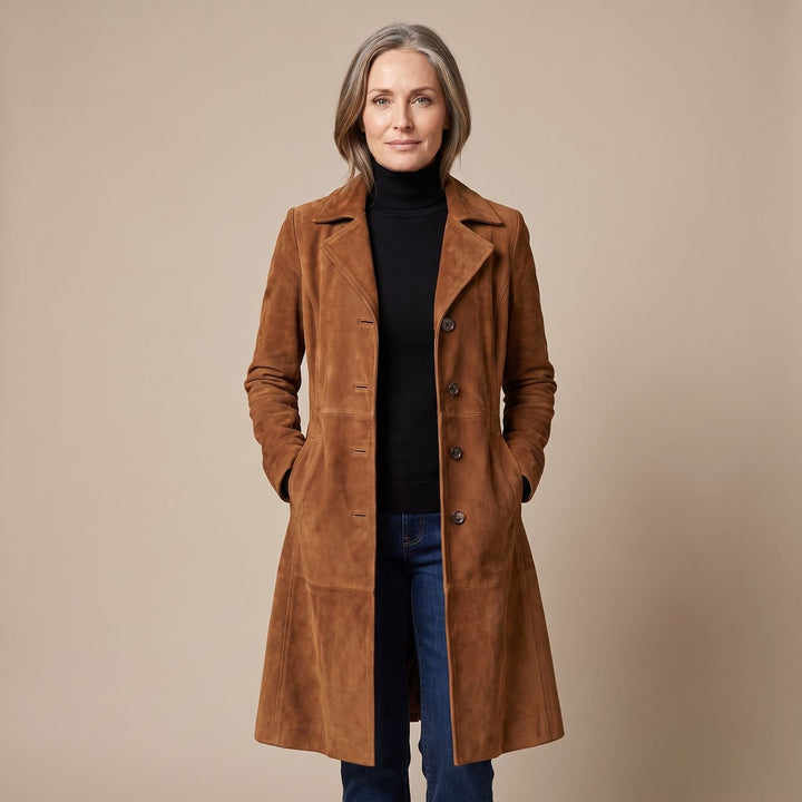 Damen Longline Mantel mit Vintage-Veloursleder-Finish