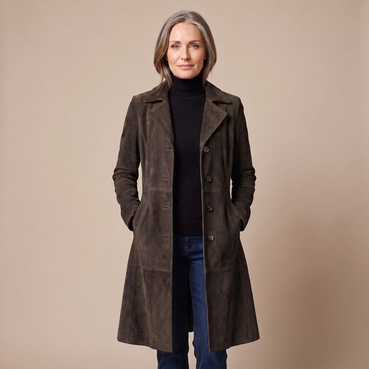 Damen Longline Mantel mit Vintage-Veloursleder-Finish - Schwarz