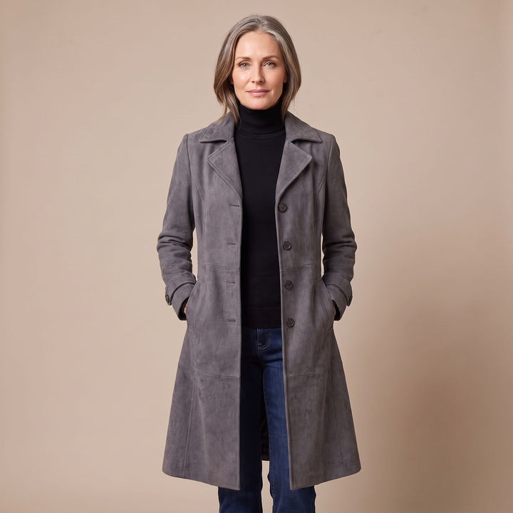 Damen Longline Mantel mit Vintage-Veloursleder-Finish - Dunkelgrau