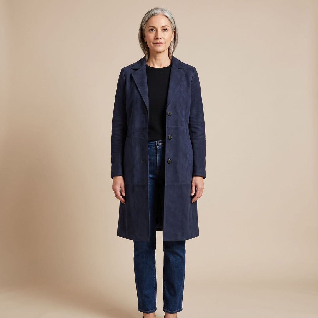 Damen Longline Mantel mit Vintage-Veloursleder-Finish - Marineblau