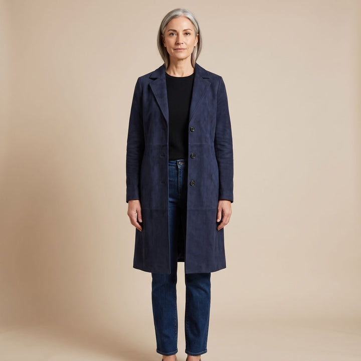 Damen Longline Mantel mit Vintage-Veloursleder-Finish - Marineblau