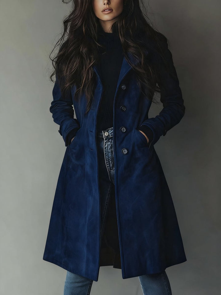 Damen Longline Zweireihiger Tailored Trench Coat - Dunkelblau