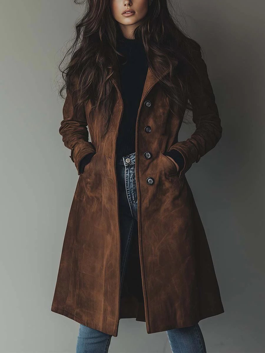 Damen Longline Zweireihiger Tailored Trench Coat - Braun