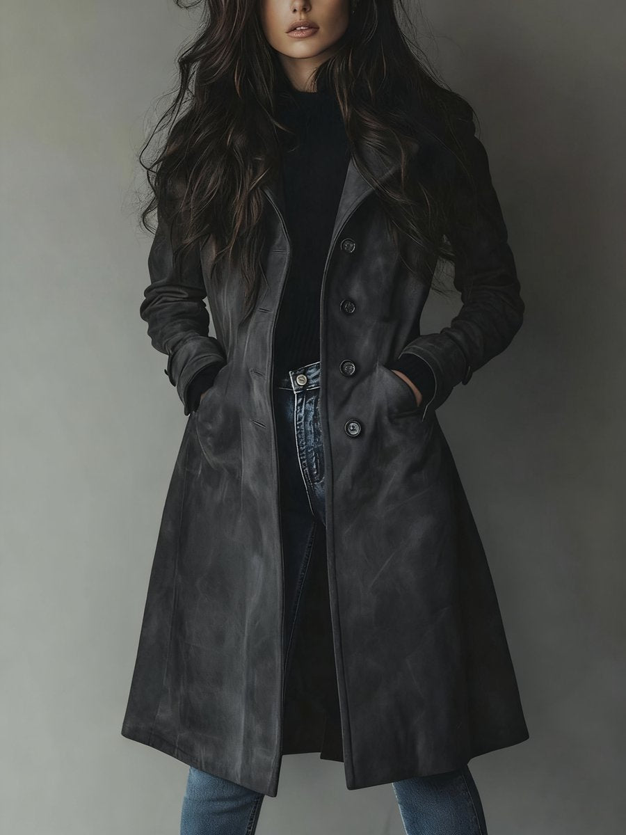 Damen Longline Zweireihiger Tailored Trench Coat - Dunkelgrau