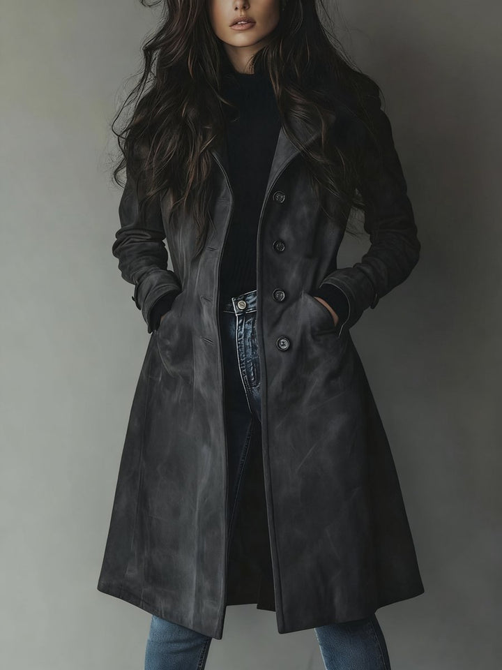 Damen Longline Zweireihiger Tailored Trench Coat - Dunkelgrau
