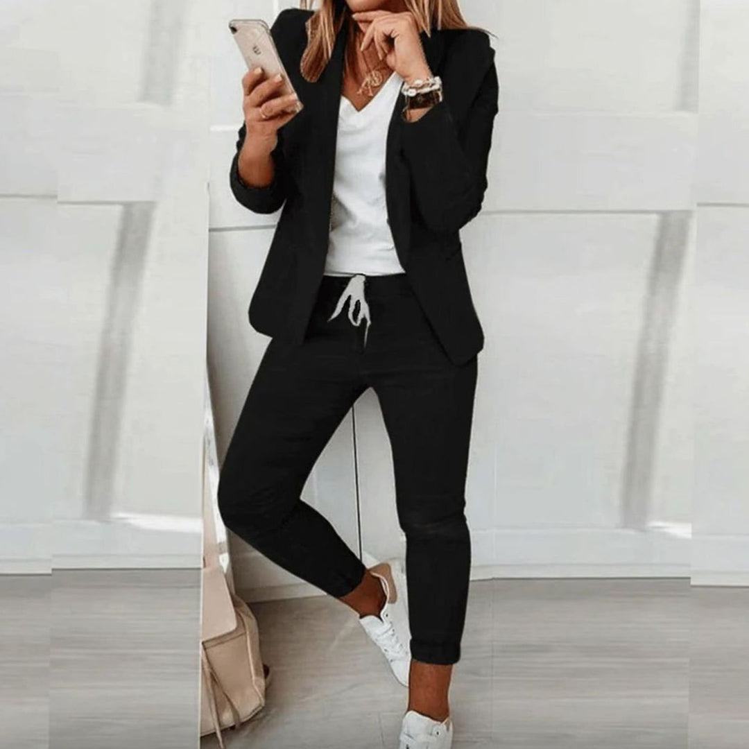 Damen Lässiges Blazer Jogger Set Freizeitanzug Kordelzug - Schwarz
