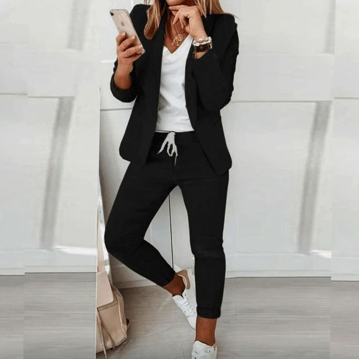 Damen Lässiges Blazer Jogger Set Freizeitanzug Kordelzug - Schwarz