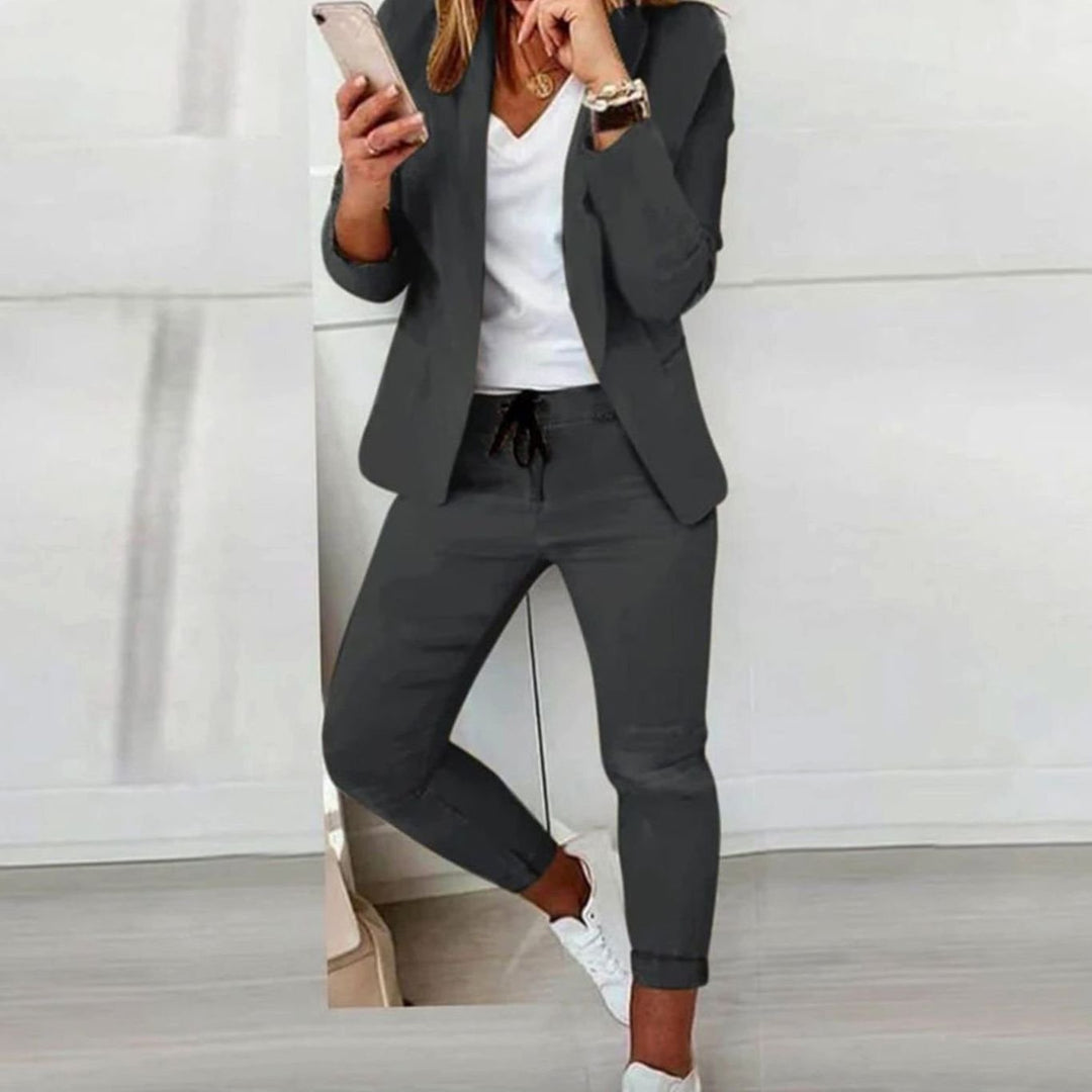 Damen Lässiges Blazer Jogger Set Freizeitanzug Kordelzug - Dunkelgrau