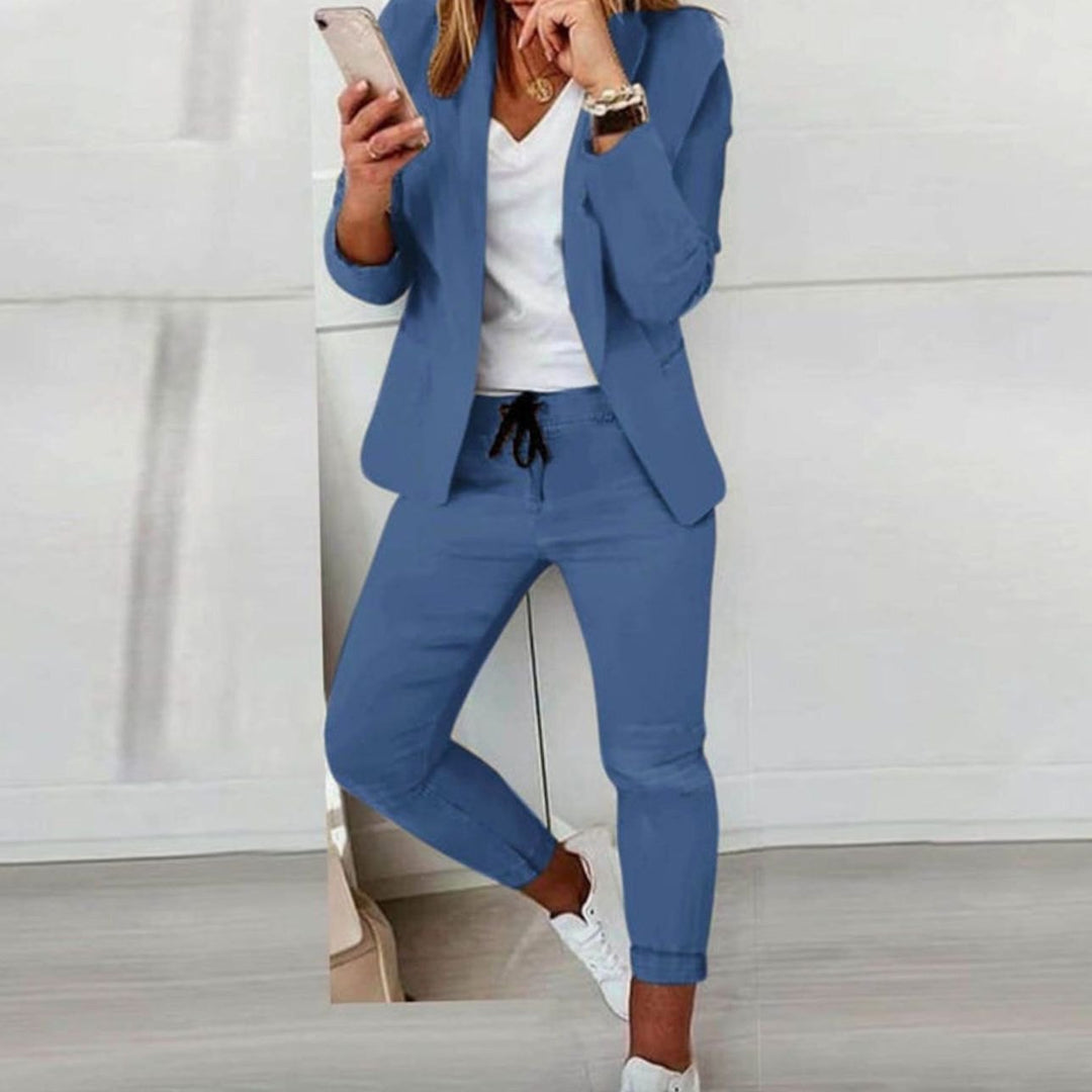 Damen Lässiges Blazer Jogger Set Freizeitanzug Kordelzug - Blau