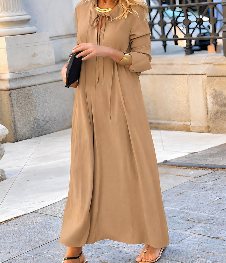 Damen Lässiges Langarm-Maxikleid mit Bindeband - Braun