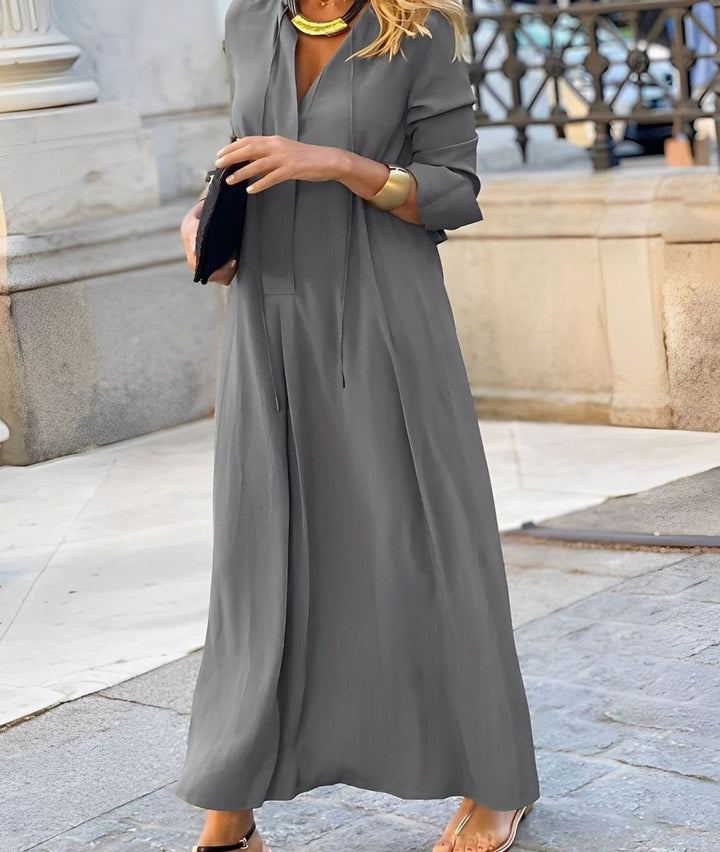 Damen Lässiges Langarm-Maxikleid mit Bindeband - Grau