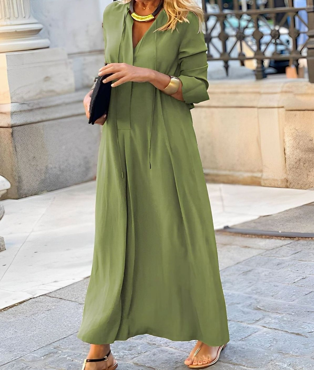 Damen Lässiges Langarm-Maxikleid mit Bindeband - Grün