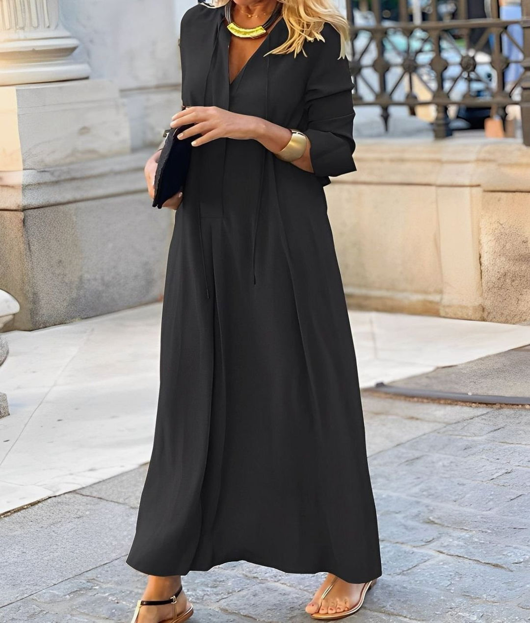 Damen Lässiges Langarm-Maxikleid mit Bindeband - Schwarz