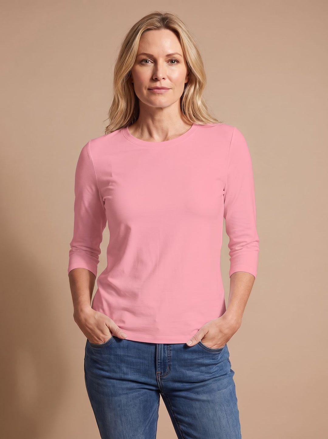 Damen Lässiges Rundhals-Oberteil mit 3/4-Ärmeln - Rosa