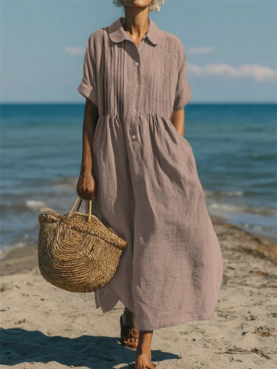 Damen Luftiges Kurzarm Hemdblusenkleid Midi Sommerkleid - Altrosa