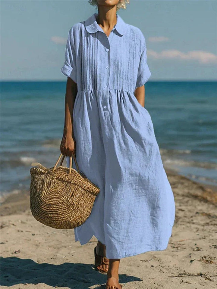 Damen Luftiges Kurzarm Hemdblusenkleid Midi Sommerkleid - Hellblau