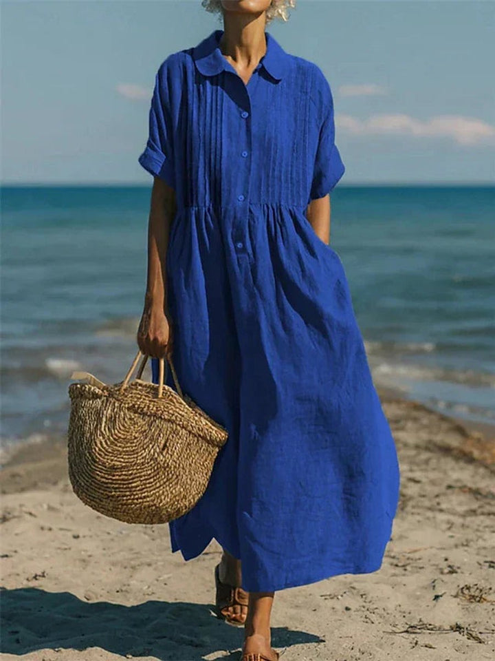 Damen Luftiges Kurzarm Hemdblusenkleid Midi Sommerkleid - Blau