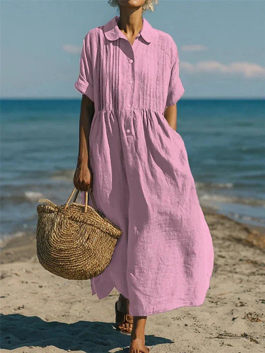 Damen Luftiges Kurzarm Hemdblusenkleid Midi Sommerkleid - Rosa