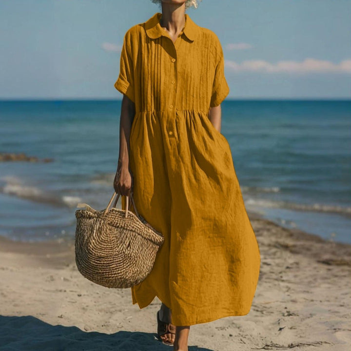 Damen Luftiges Kurzarm Hemdblusenkleid Midi Sommerkleid - Orange