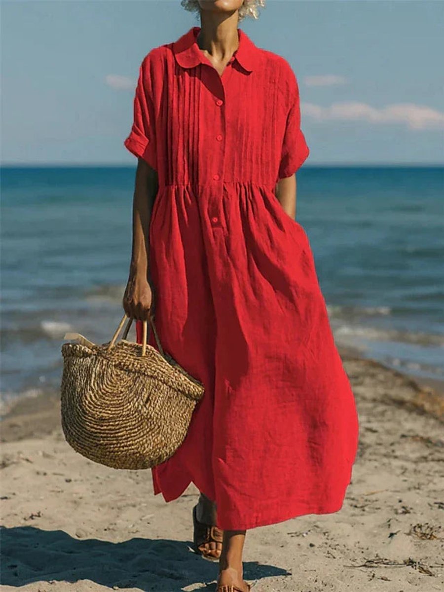 Damen Luftiges Kurzarm Hemdblusenkleid Midi Sommerkleid - Rot